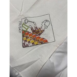 VTG Embroidered Friday Day of the Week Woman Drrinking Tea Towel AS IS